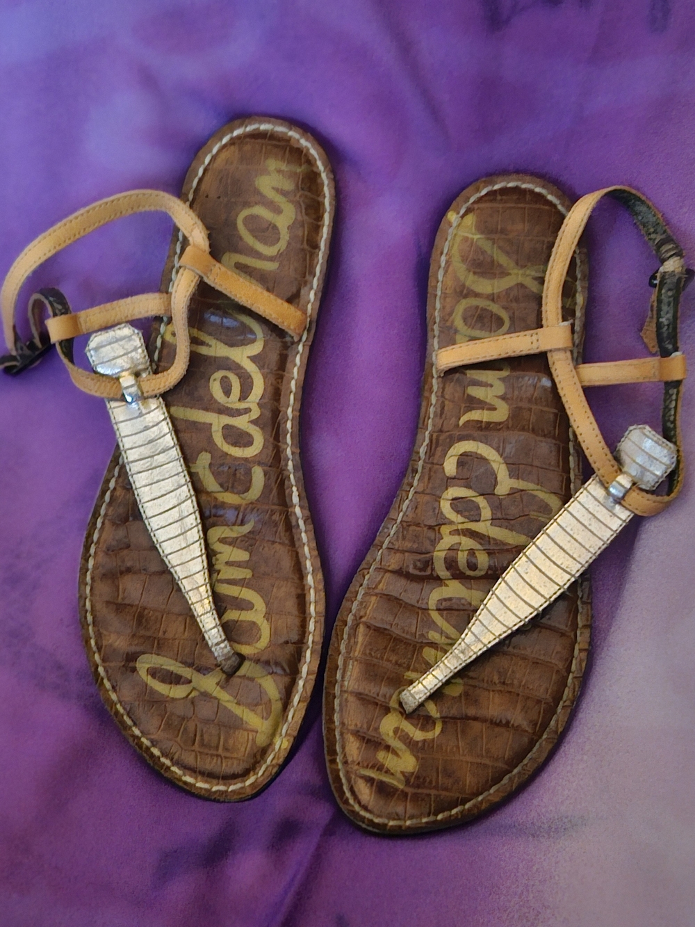 Sam Edelman Tan Brown Metallic T-Strap Sandals